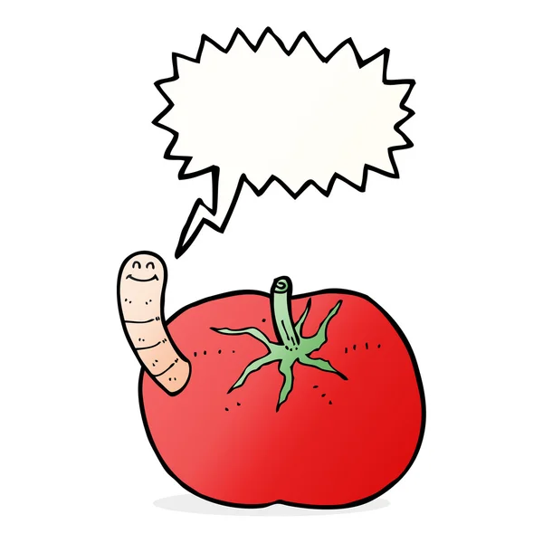 Tomate de dibujos animados con gusano con burbuja de habla — Archivo Imágenes Vectoriales