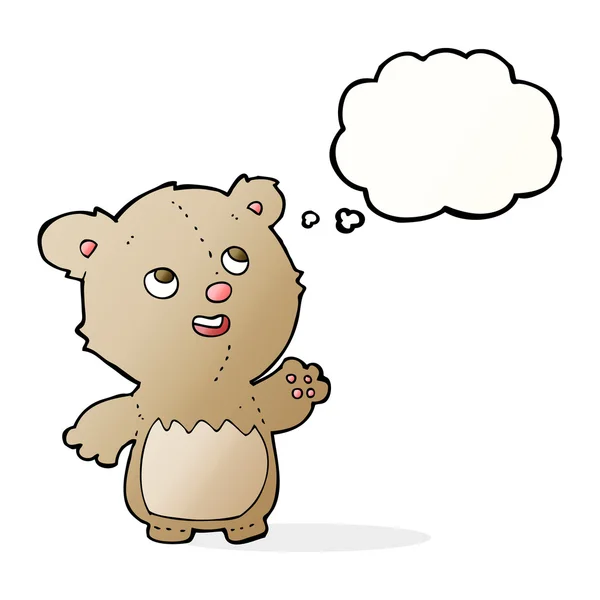 Desenho animado pequeno ursinho feliz com bolha de pensamento —  Vetores de Stock