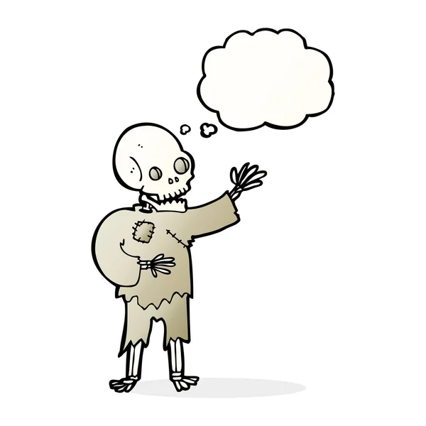 Esqueleto de dibujos animados ondeando con burbuja de pensamiento — Archivo Imágenes Vectoriales