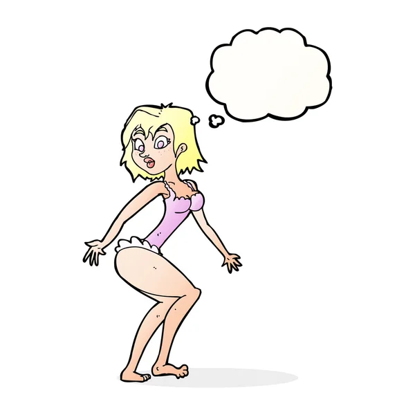 Cartoon kvinna i underkläder med tankebubbla — Stock vektor