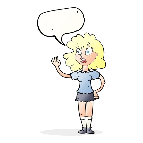 cartoon worried woman waving with speech bubble