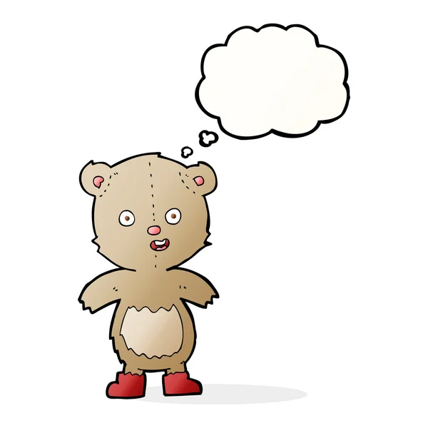 Мультяшний щасливий плюшевий ведмідь в чоботях з мислючою бульбашкою — стоковий вектор