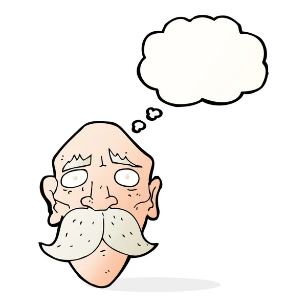 Dibujos animados hombre viejo triste con burbuja de pensamiento — Vector de stock