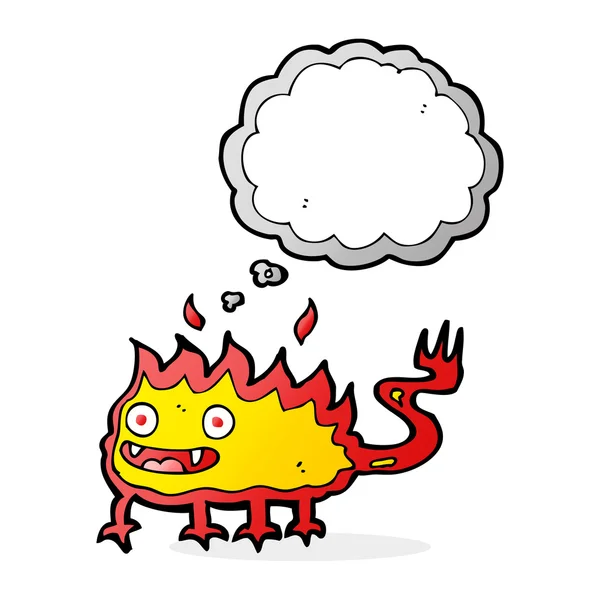 Cartoon little fire demon with thought bubble — Stock Vector
