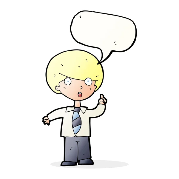 Cartone animato scuola ragazzo risposta domanda con discorso bolla — Vettoriale Stock