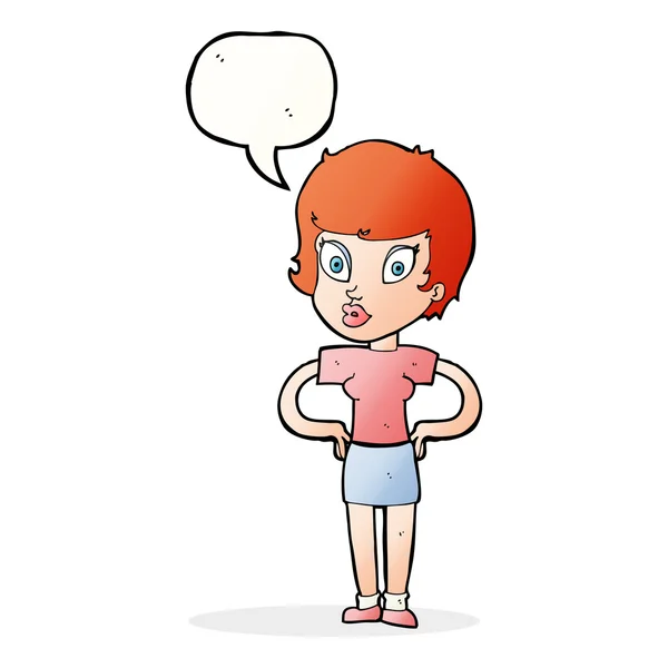 Cartoon woman with hands on hips with speech bubble — Stock Vector