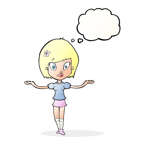 Γελοιογραφία γυναίκα κάνει χειρονομία εξισορρόπησης με φούσκα σκέψης — Διανυσματικό Αρχείο