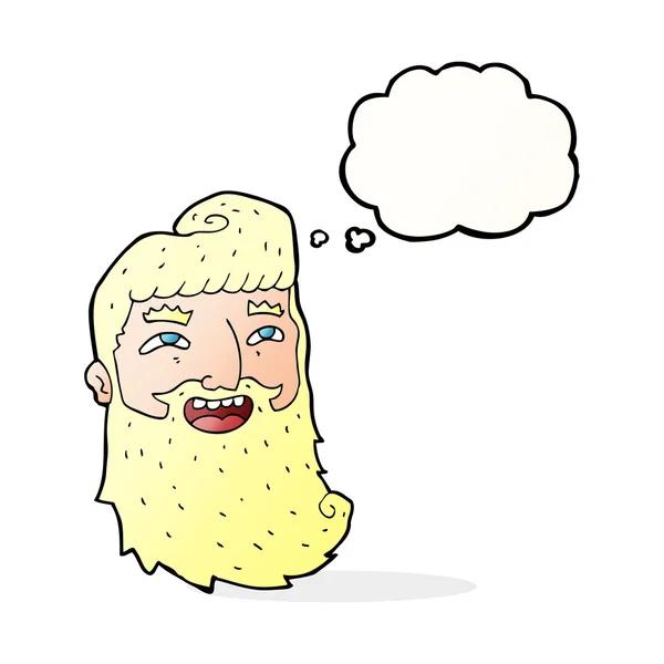 Uomo dei cartoni animati con la barba ridere con bolla di pensiero — Vettoriale Stock