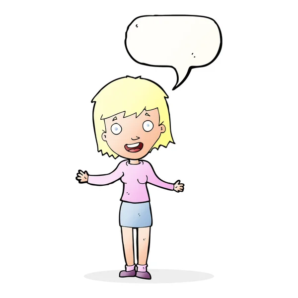 Dibujos animados mujer emocionada con burbuja del habla — Vector de stock