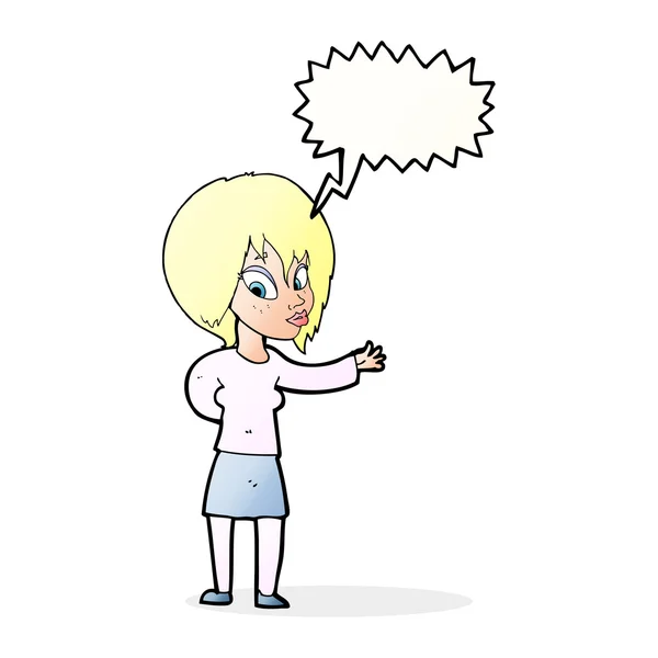 Cartoon woman making welcome gesture with speech bubble — Stock Vector