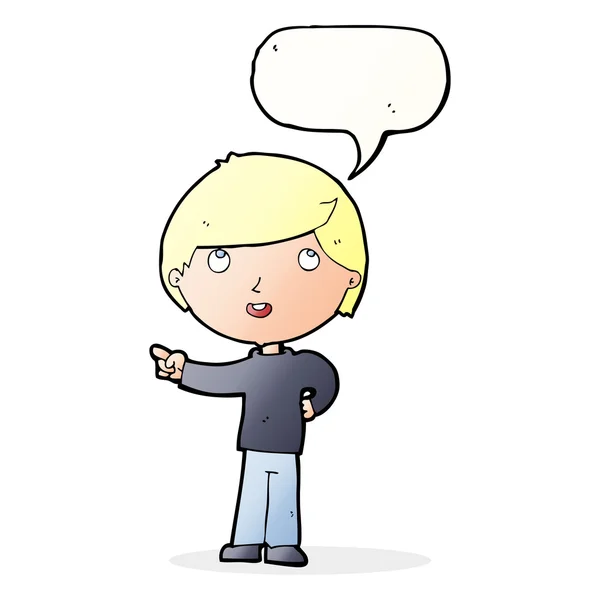Dibujos animados chico apuntando con el habla burbuja — Archivo Imágenes Vectoriales