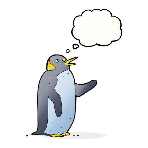 Pingüino de dibujos animados ondeando con burbuja de pensamiento — Vector de stock