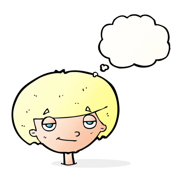 Cartoon smug looking boy with thought bubble — Stock Vector