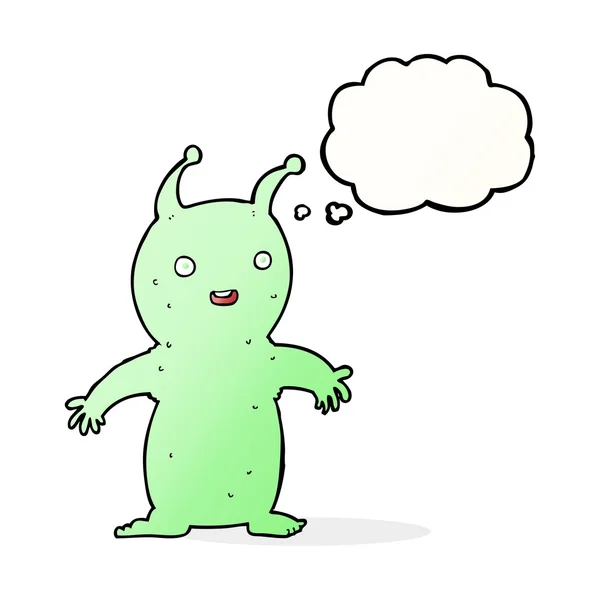 Cartoon happy little alien with thought bubble — Stock Vector