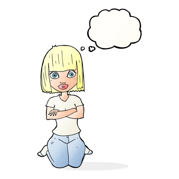 Femme dessin animé agenouillé avec bulle de pensée — Image vectorielle