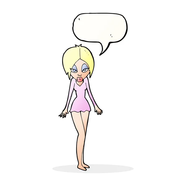 Donna cartone animato in abito corto con bolla discorso — Vettoriale Stock