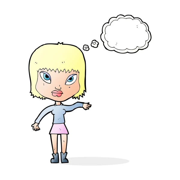Mujer de dibujos animados haciendo gesto con burbuja de pensamiento — Vector de stock
