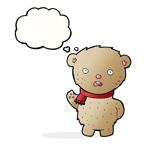 Kreslený medvídek nosí šálu s myšlenkovou bublinou — Stockový vektor