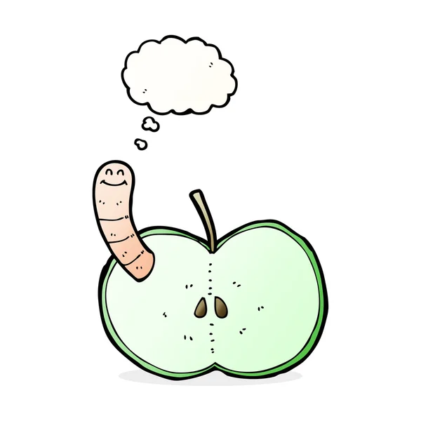 Manzana de dibujos animados con gusano con burbuja de pensamiento — Vector de stock
