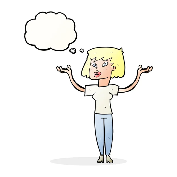 Cartoon woman holding up hands with thought bubble — Stock Vector