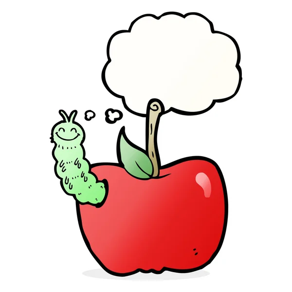 Manzana de dibujos animados con insecto con burbuja de pensamiento — Vector de stock