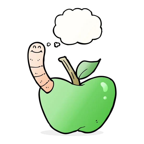 Kreslené jablko s červem s myšlenkovou bublinou — Stockový vektor