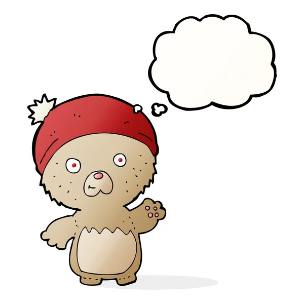 Cartoon niedlicher Teddybär im Hut mit Gedankenblase — Stockvektor
