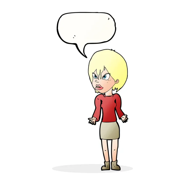Cartoon annoyed woman with speech bubble — Stock Vector