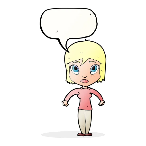 Cartoon woman shrugging shoulders with speech bubble — Stock Vector