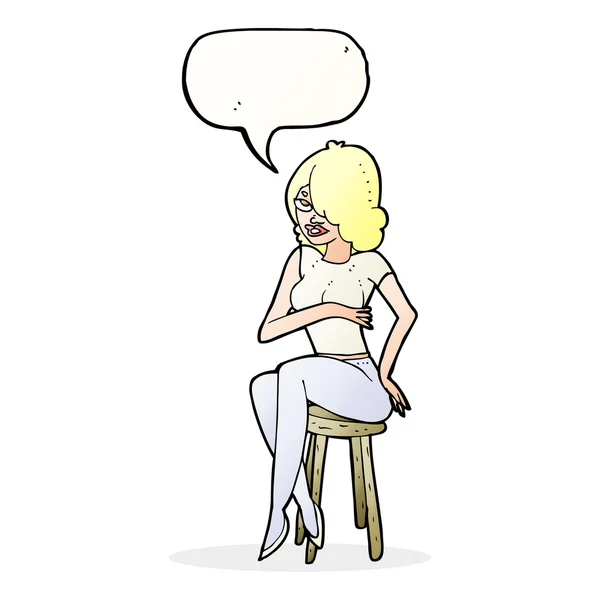 Cartoon woman sitting on bar stool with speech bubble — Stock Vector