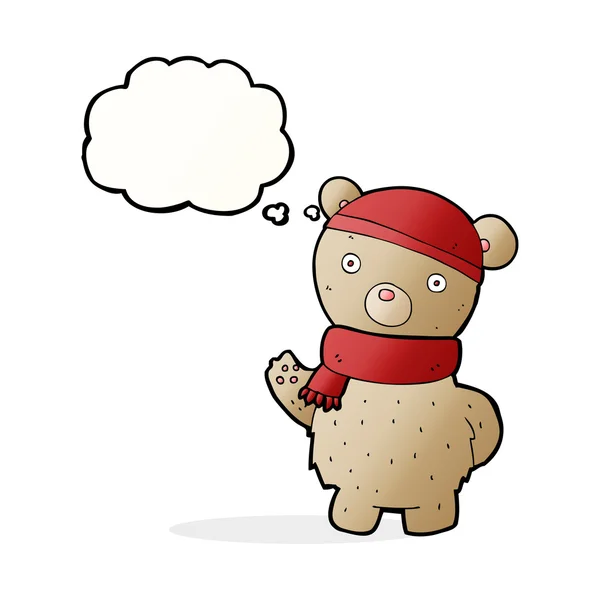 Tekenfilm teddybeer in winterhoed en sjaal met gedachte zeepbel — Stockvector