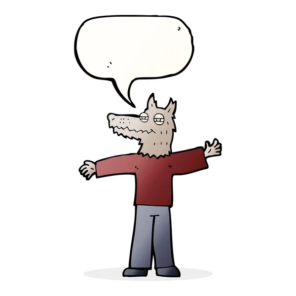 Cartone animato lupo felice uomo con la bolla discorso — Vettoriale Stock
