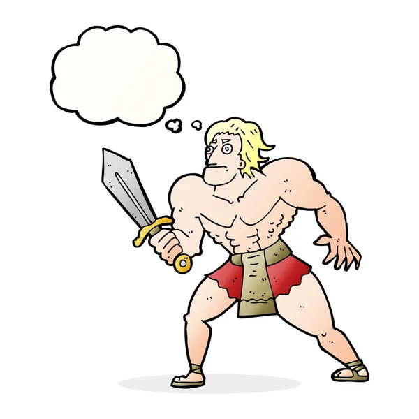 Dibujos animados héroe de fantasía hombre con burbuja de pensamiento — Vector de stock