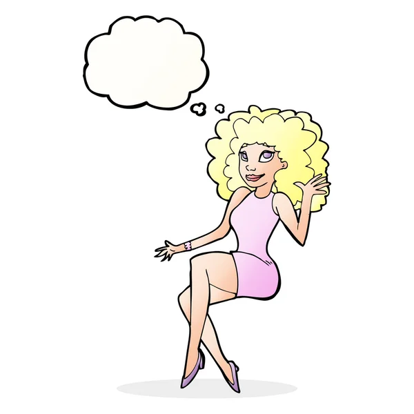 Desenho animado sentado mulher acenando com bolha de pensamento —  Vetores de Stock