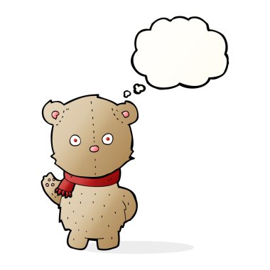 Düşünce baloncuklu atkı takan oyuncak ayı.