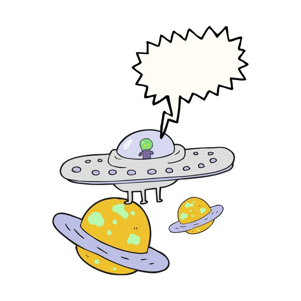 Parole bulle dessin animé soucoupe volante dans l'espace — Image vectorielle
