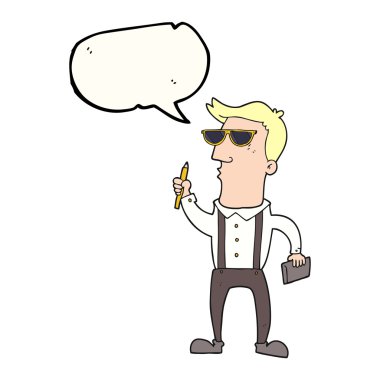 konuşma kabarcık karikatür adam defter ile