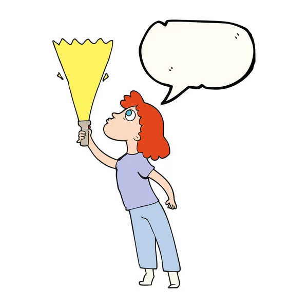 Speech bubble cartoon woman searching with torch — Stock Vector