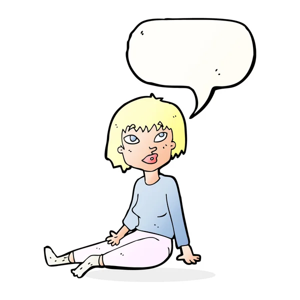 Karikatür konuşma balonu ile katta oturan kadın — Stok Vektör