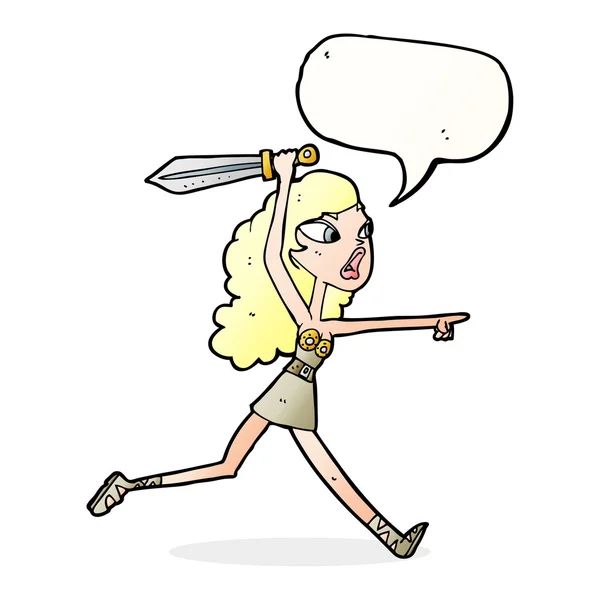 Karikatur Wikinger Mädchen mit Schwert mit Sprechblase — Stockvektor