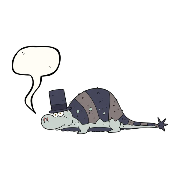 Discours bulle dessin animé dinosaure en chapeau haut de forme — Image vectorielle