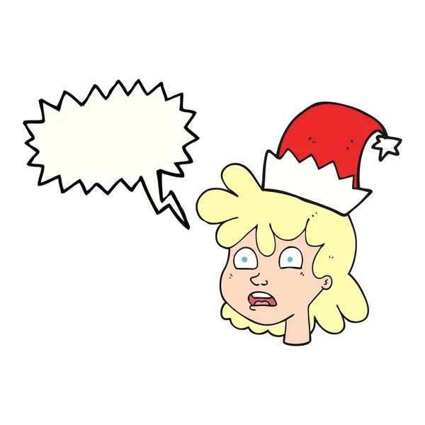 Voz burbuja mujer de dibujos animados con sombrero de Navidad — Vector de stock