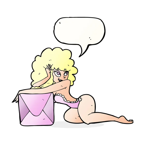 Dibujos animados pin up mujer con caja con burbuja de habla — Vector de stock