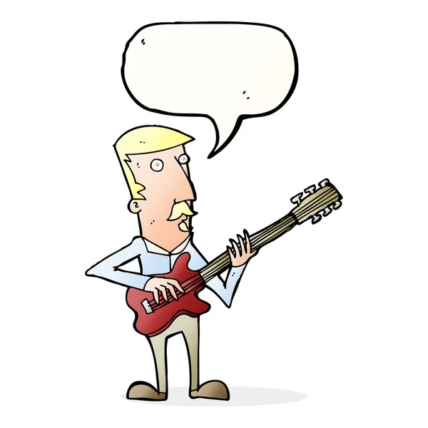 Cartoon man playing electric guitar with speech bubble — Stock Vector