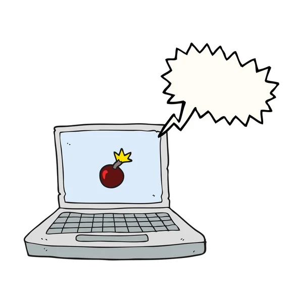 Konuşma kabarcık karikatür dizüstü bilgisayar bomba simgesiyle — Stok Vektör