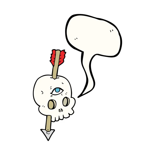 Habla burbuja dibujos animados calavera mágica con flecha a través del cerebro — Vector de stock