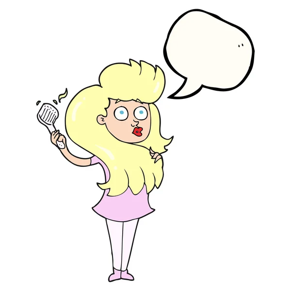 Parole bulle dessin animé femme brossage cheveux — Image vectorielle
