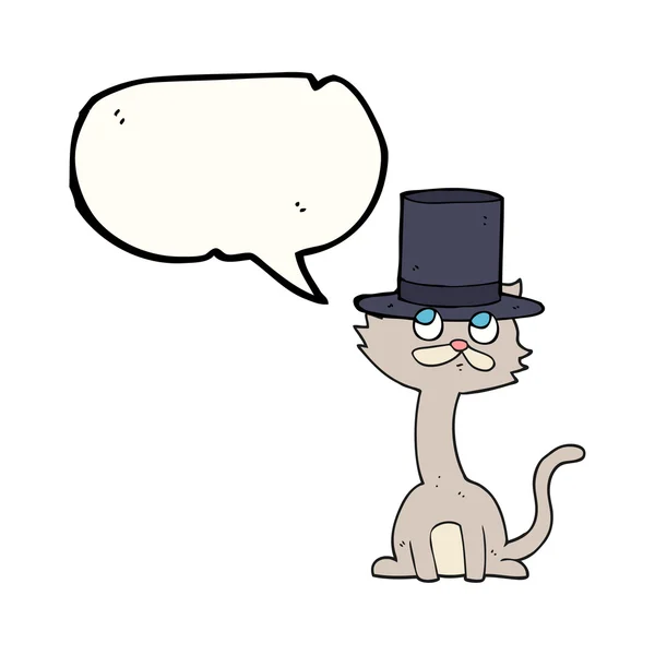 Toespraak bubble cartoon kat in hoge hoed — Stockvector