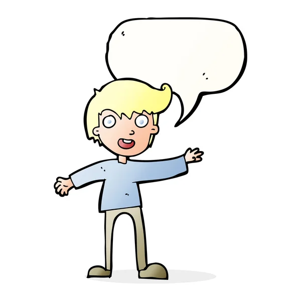 Cartoon excited boy with speech bubble — Stock Vector