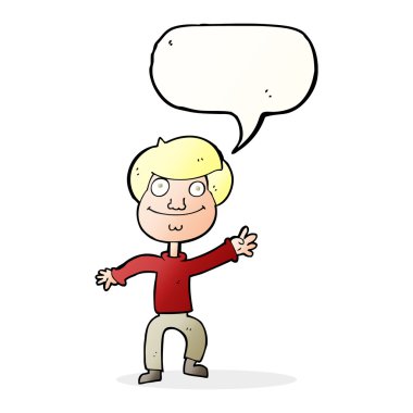 karikatür mutlu bir adam ile konuşma balonu sallayarak